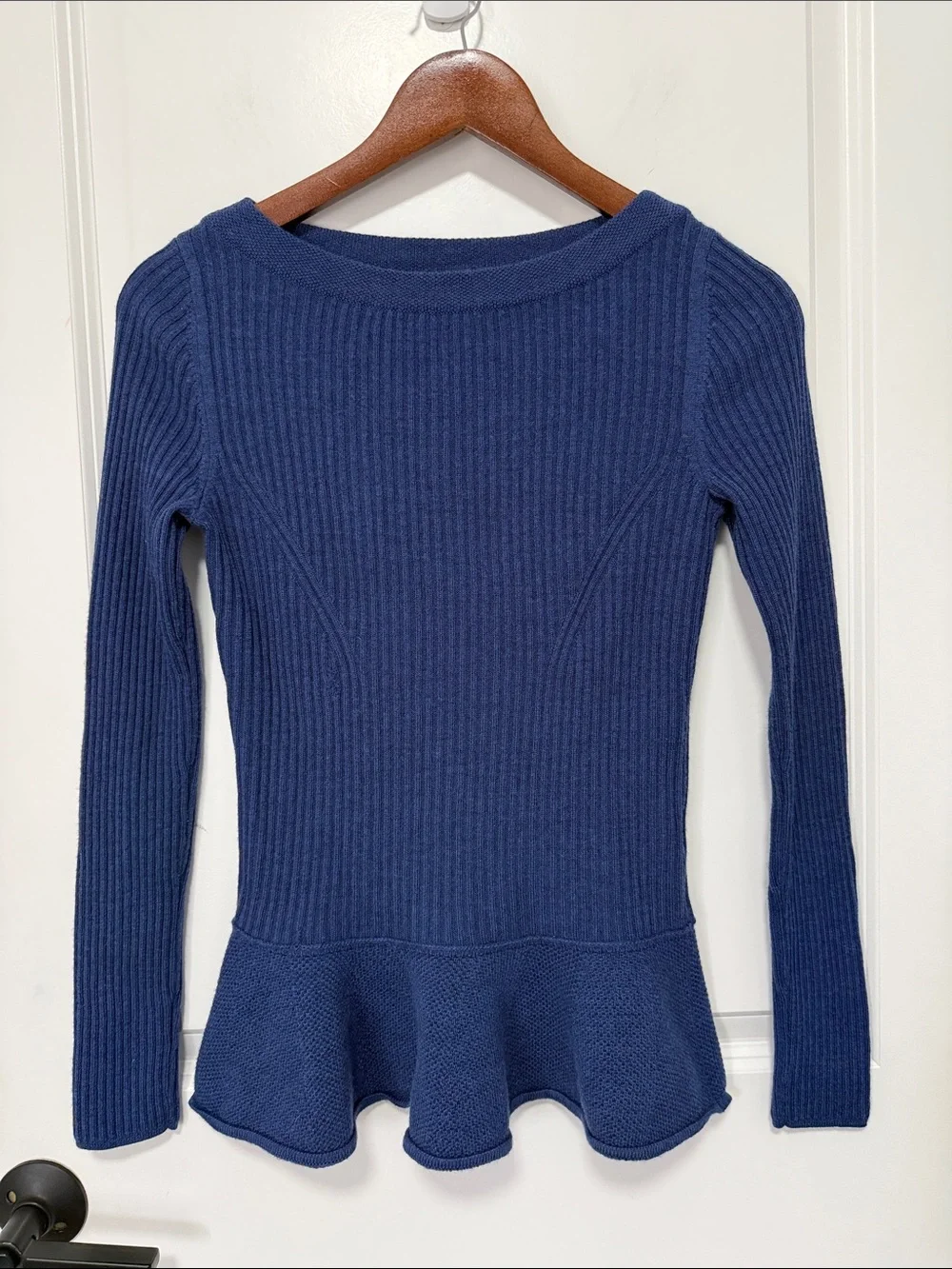 Tory Burch Blue Ramona Merino Wool Ribbed Peplum Sweater wide boat size Small